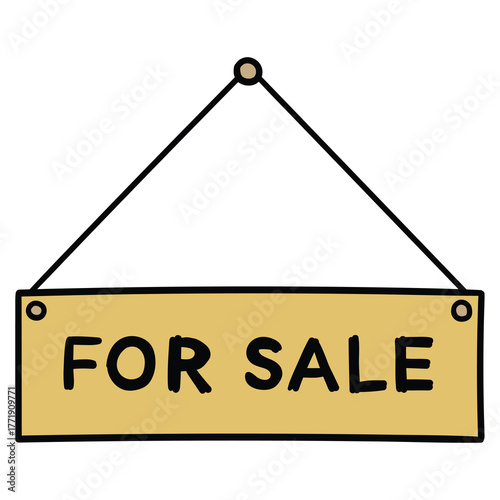 Hand-drawn cartoon hanging sign with inscription for sale on a white background.