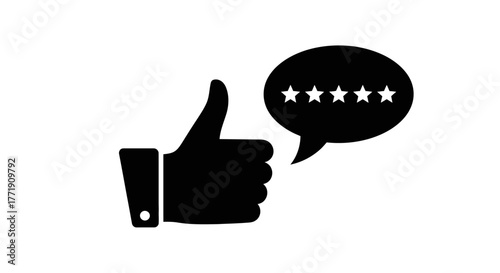 A black hand giving a thumbs up with five white star ratings