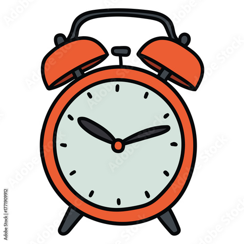 Hand-drawn cartoon retro red alarm clock on a white background.