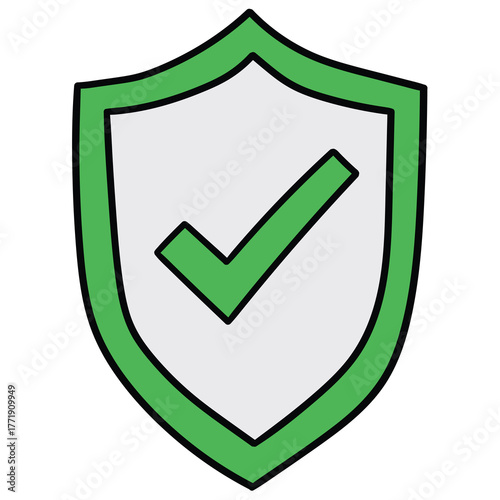 Hand-drawn cartoon shield with green check mark on white background.