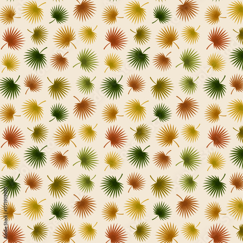 Autumn Fan Palm Leaf Seamless Pattern – Tropical Foliage Vector in Warm Fall Colors