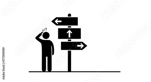 Confused person stands before multiple direction signs lost in thought