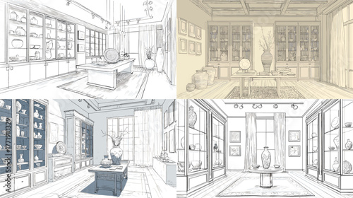 Hand-drawn sketch of museum exhibition interior with art displays and spot lighting. Perfect for architecture, design visualization, and cultural heritage projects.