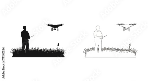 Silhouette of a person operating a drone in a grassy field