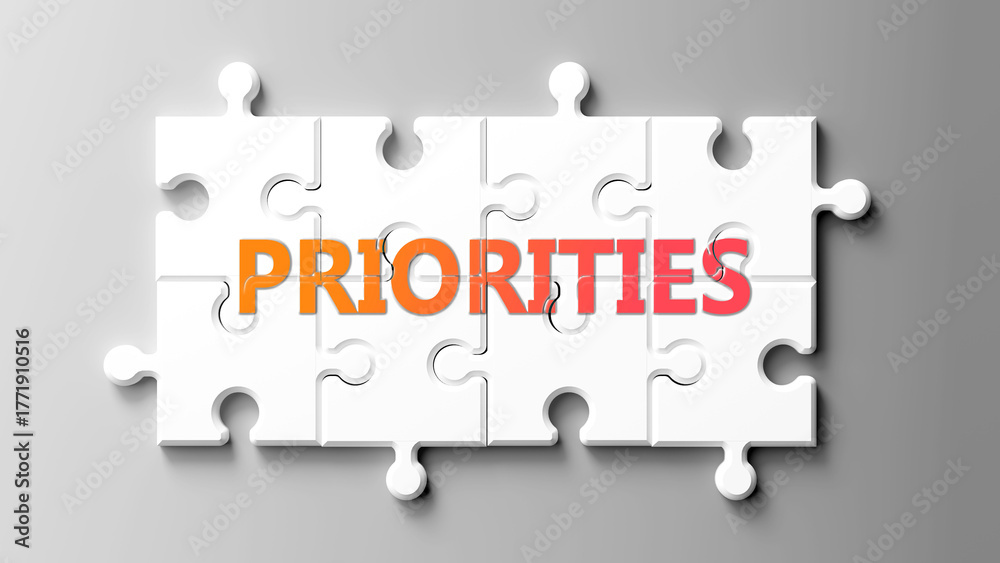 Fototapeta premium Priorities complex like a puzzle - pictured as word priorities on a puzzle pieces to show that priorities is complex and needs cooperating pieces that fit together. ,3d illustration