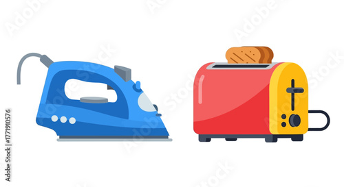 Cartoon illustration of a blue iron and a red toaster with bread