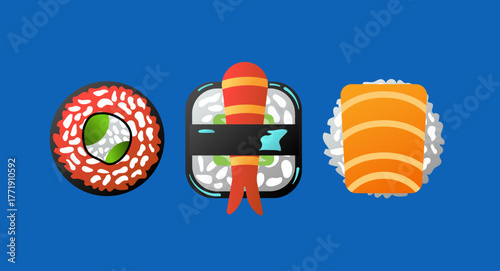 Sushi Vector Illustration – Flat Japanese Food Icons with Salmon, Shrimp, and Maki Roll on Blue Background