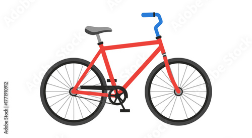 Simple illustration of a red bicycle with black tires and blue handlebars