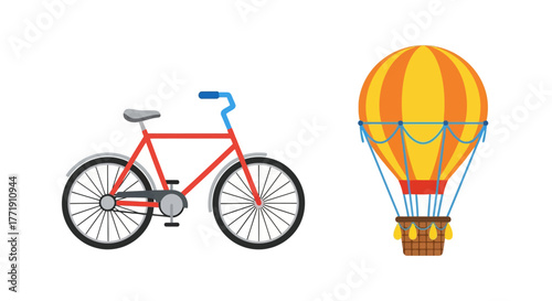 A whimsical illustration featuring a red bicycle and a yellow hot air balloon