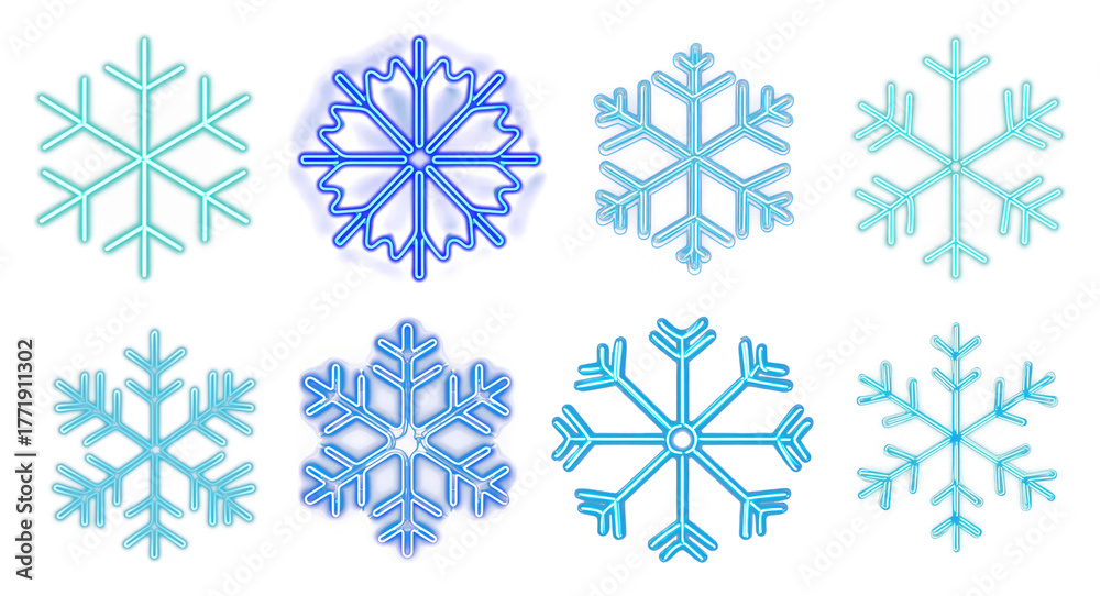 Fototapeta premium PNG Neon blue snowflake designs, element set on transparent background