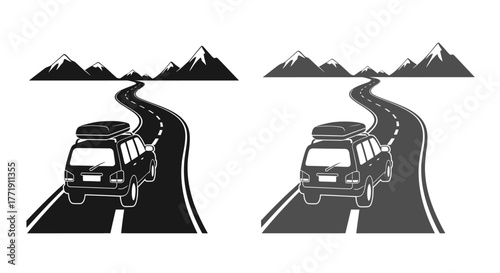 Road trip adventure with a van and mountains in black and white