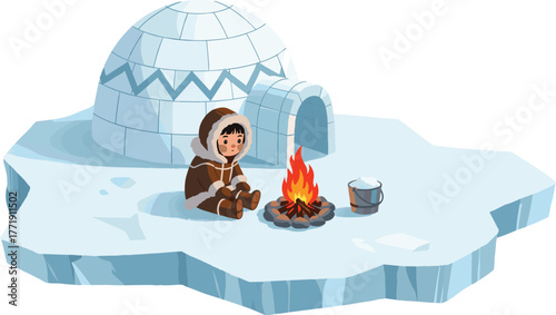Arctic child, igloo shelter, winter survival, polar lifestyle, icy landscape, campfire warmth, traditional clothing, frozen tundra, cold climate, indigenous life