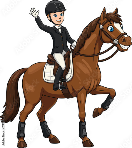 Cartoon horse rider in formal equestrian attire, waving character, brown horse in motion, saddle gear, cheerful pose, sport illustration, reins