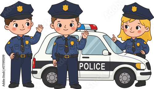 Cartoon police officers, law enforcement team, police car, community helpers, waving officers, children illustration, safety patrol, uniformed characters, friendly design, public service