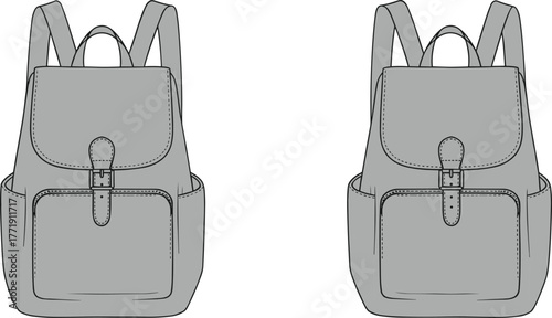 Line drawing of two identical backpacks, flap buckle closure, zipper pocket, shoulder straps, side pockets, minimal design, fashion sketch, gear icon