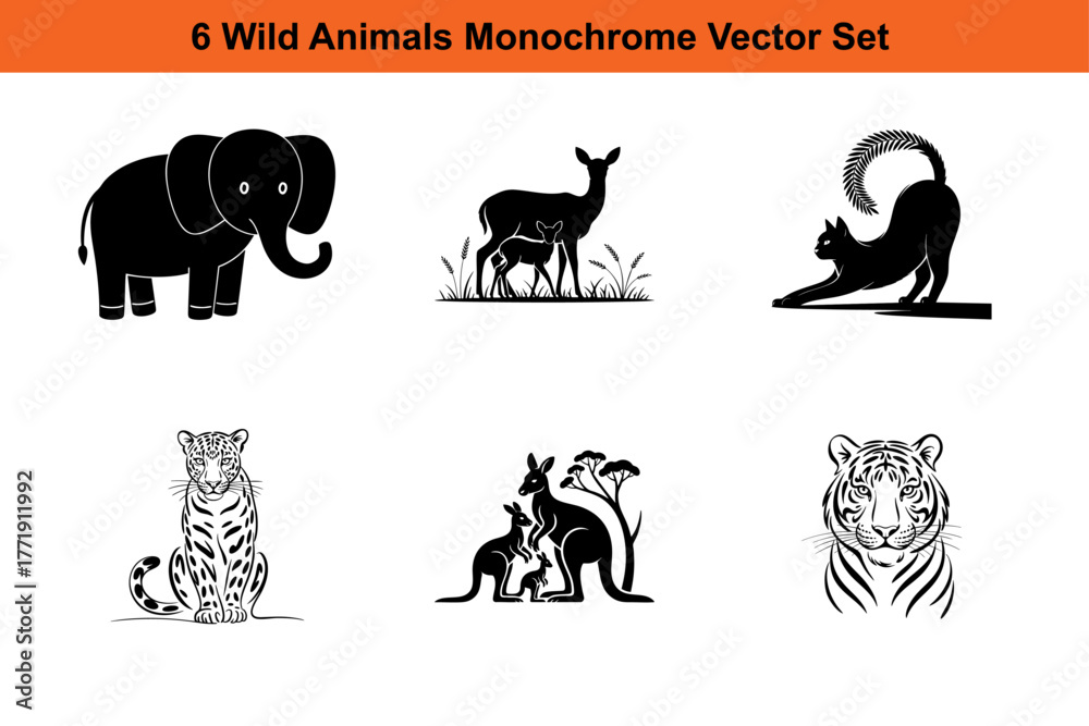 Obraz premium Wild Animals Monochrome Vector Set.ai
