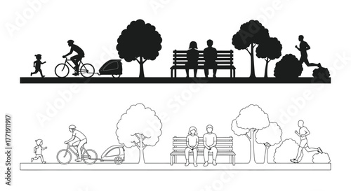 Silhouette park scene with people biking running and relaxing on a bench