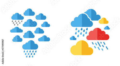Colorful cloud icons depicting various rainy weather conditions and formations