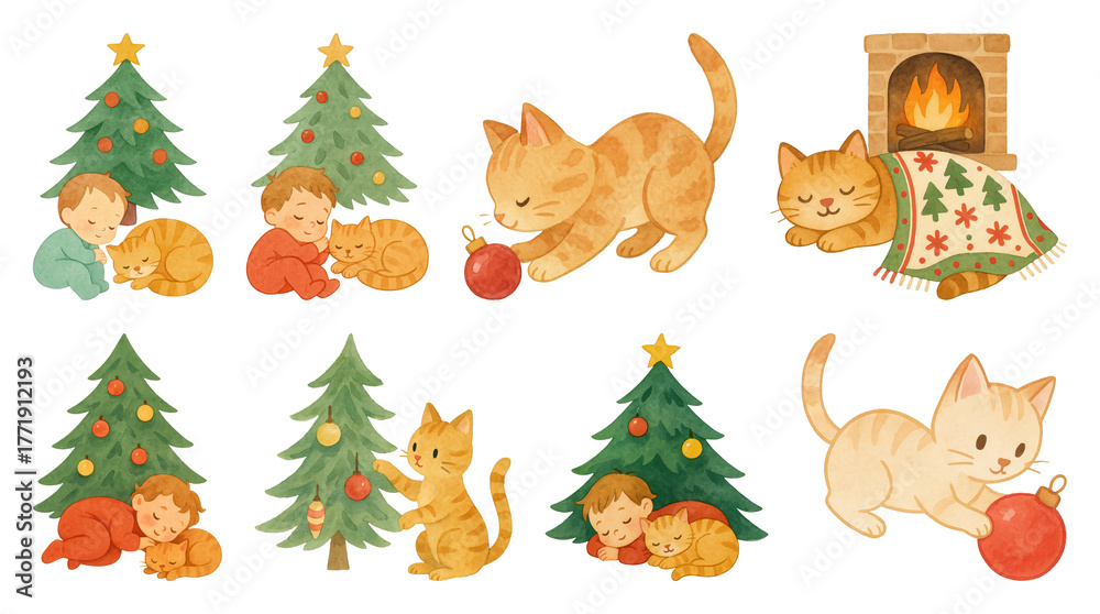Fototapeta premium PNG Cozy Christmas cats and children, element set on transparent background