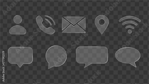 Transparent glass UI icons and chat bubbles set, frosted glass morphism outline buttons on transparent background with user phone mail location Wi-F and message shapes for web and app interface design
