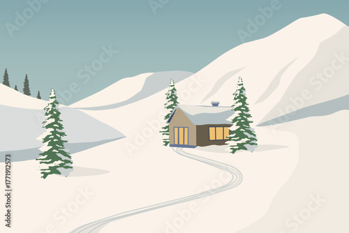 Minimalistic vector illustration of a cozy wooden cabin in snowy mountains with pine trees and ski tracks. Perfect for winter, travel, holiday, adventure and nature themed design projects