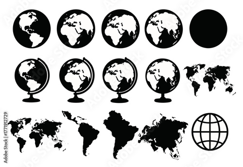 Set of earth globes and world maps in black and white silhouettes