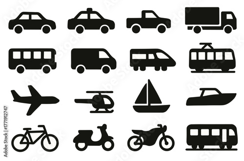 Silhouette icons of various modes of transportation vehicles