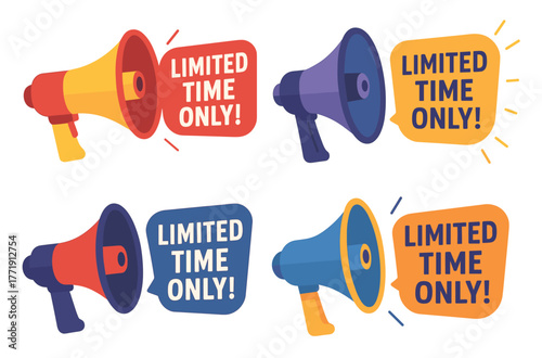Limited time offer megaphones in red, blue, purple with speech bubbles