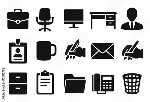 Office equipment icons set including desk chair computer and stationery items