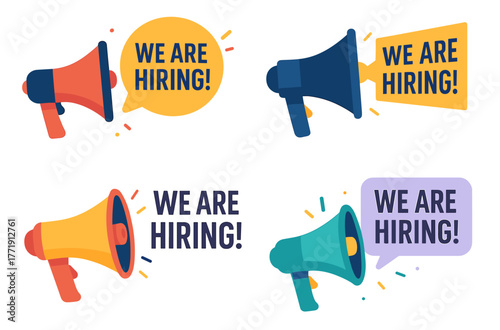 Colorful megaphones announcing we are hiring in bold text