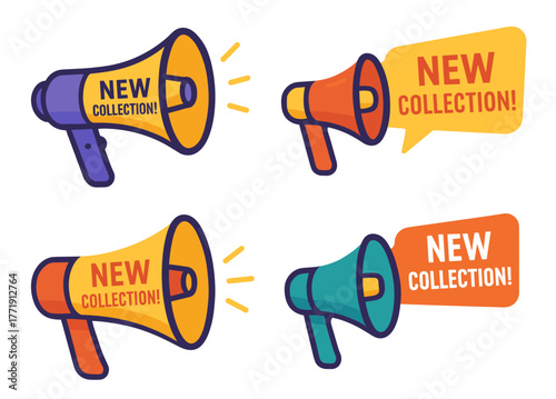 Colorful megaphones announcing new collection with speech bubbles