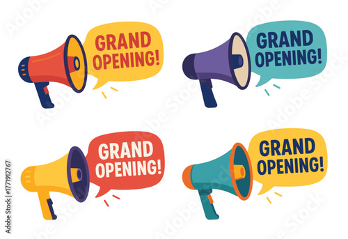 Colorful megaphones announcing grand opening in bold speech bubbles