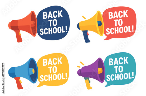 Back to school megaphones in colorful speech bubbles