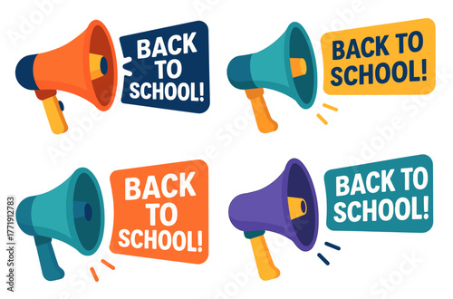 Colorful megaphones announcing 'back to school' message