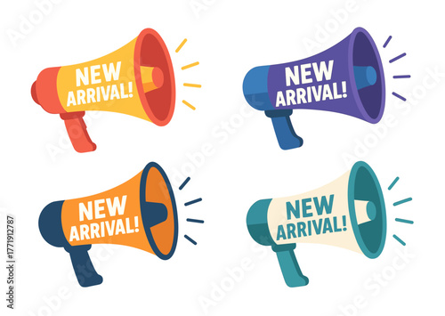 Colorful megaphones announcing new arrival messages set