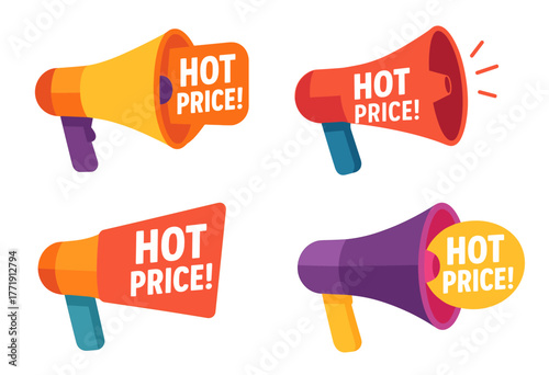 Colorful megaphones with hot price announcement in vibrant designs