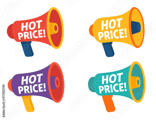 Set of four colorful megaphones with hot price text