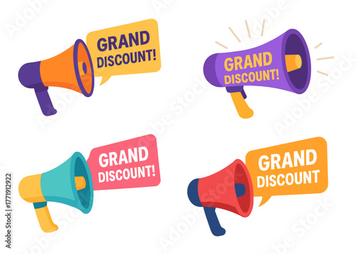 Colorful megaphones announcing grand discounts with vibrant designs