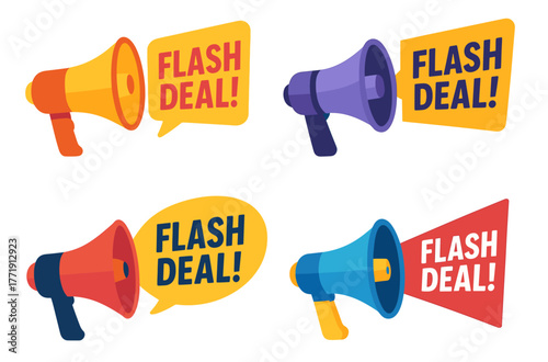 Colorful megaphones announcing flash deal with vibrant speech bubbles