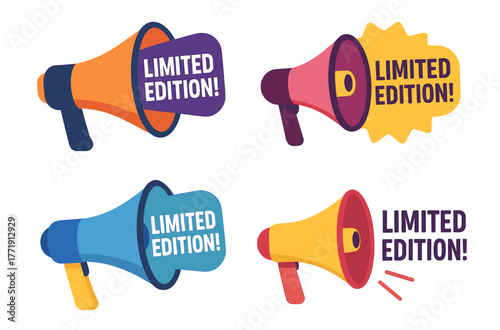 Colorful megaphones with limited edition text in bold typography