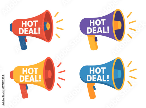 Colorful megaphones advertising hot deal promotions with vibrant designs