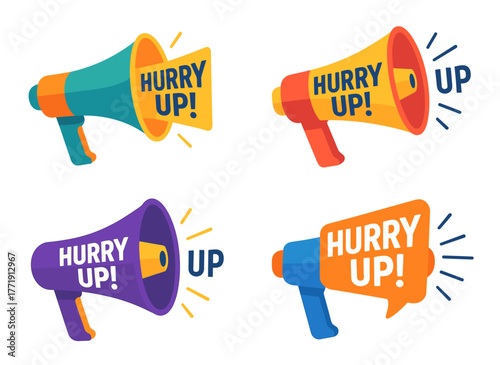 Colorful megaphones with 'hurry up' messages in bold designs