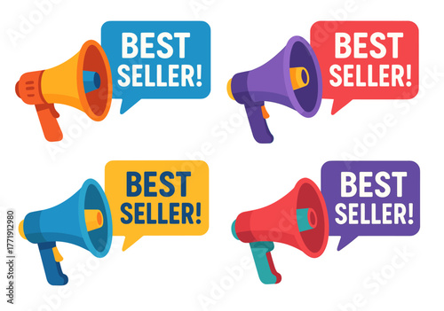Colorful megaphones announcing best seller message in bold speech bubbles