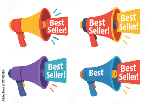 Colorful megaphones announcing best seller in red, orange, yellow, and purple variations