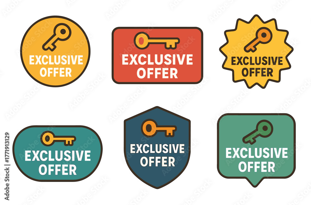Obraz premium Colorful exclusive offer badges with key icons in various shapes