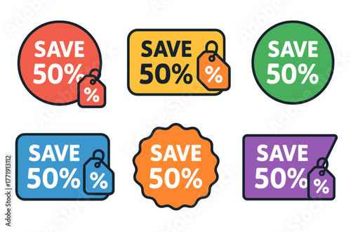 Colorful 50% discount tags in various shapes for promotions