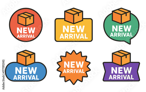 Colorful new arrival labels with parcel icon in various shapes