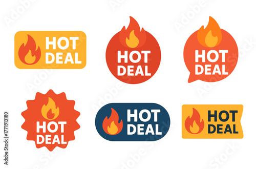 Colorful hot deal labels with flame icons in various shapes
