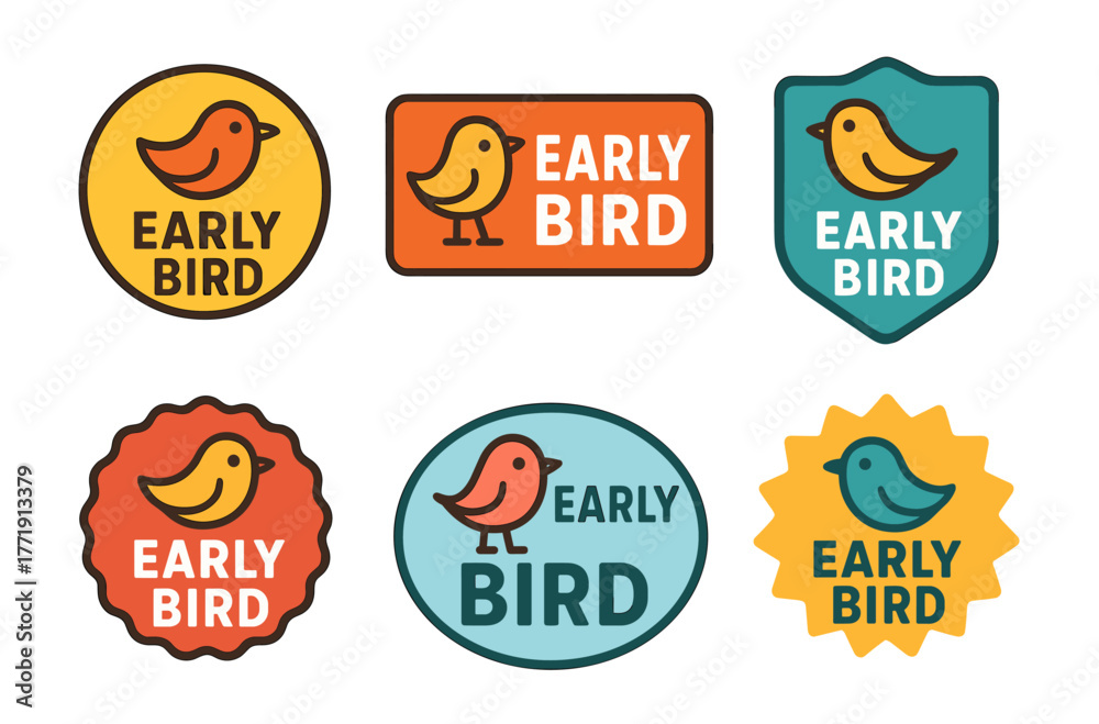 Obraz premium Colorful early bird badges in various shapes and designs