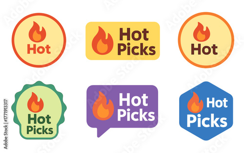 Colorful hot picks badges with fire icons and bold text designs